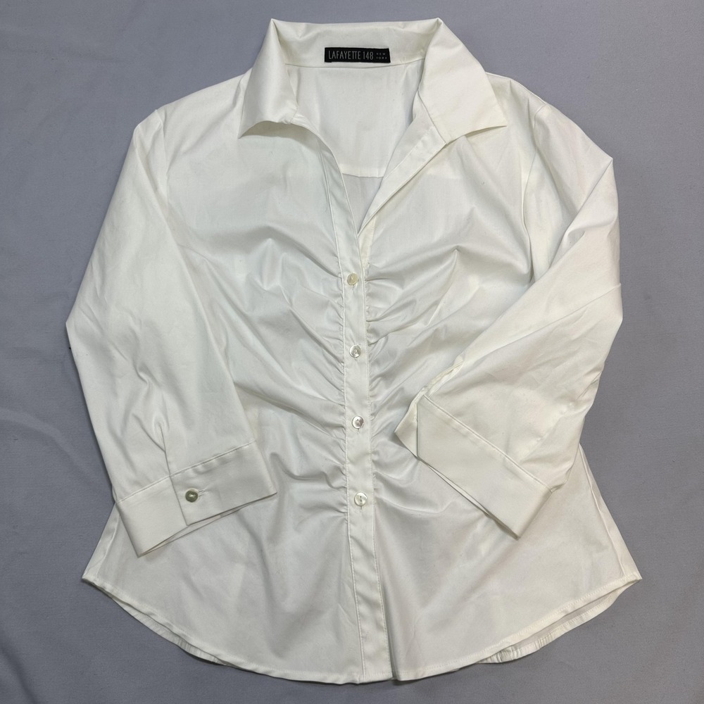 Lafayette 148 Shirt Womens 6 Medium White Ruched Front Office Business Designer